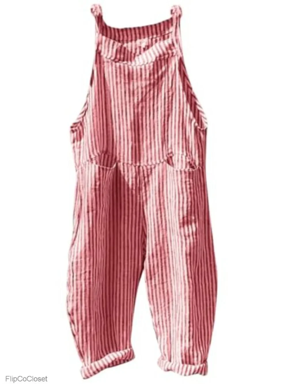 Women's Striped Overalls Loose Fit Cotton Linen Bib Pants